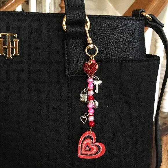 Valentines Hand Crafted, Beaded Heart Bag Charm, Keychain, Backpack Charm - Picture 5 of 9